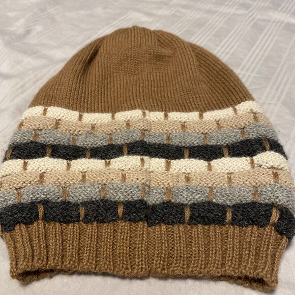 Women’s Classic 100% ALPACA Justin Hazelnut Camel Gray Striped Beanie Hat - Picture 7 of 9